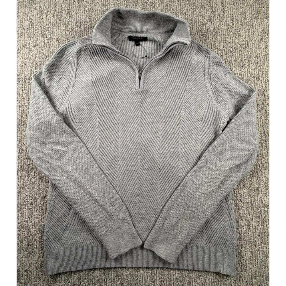 Banana Republic Sweater Mens M Gray Quarter Zip Chevron Knit Cotton Blend